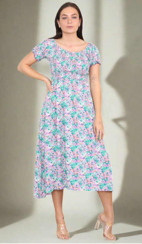 Shirred Lilac Floral Midi Dress